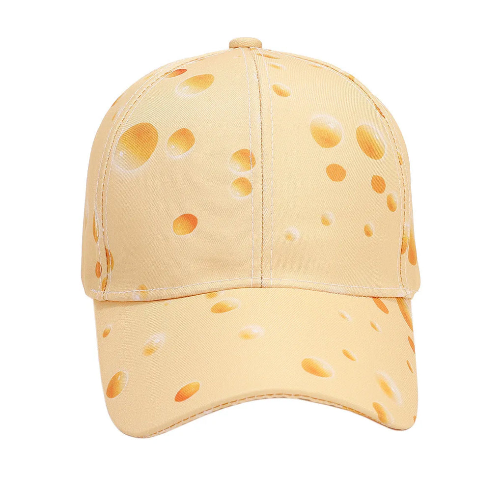 Full printed cheese pattern peaked cap with adjustable strap and dome crown