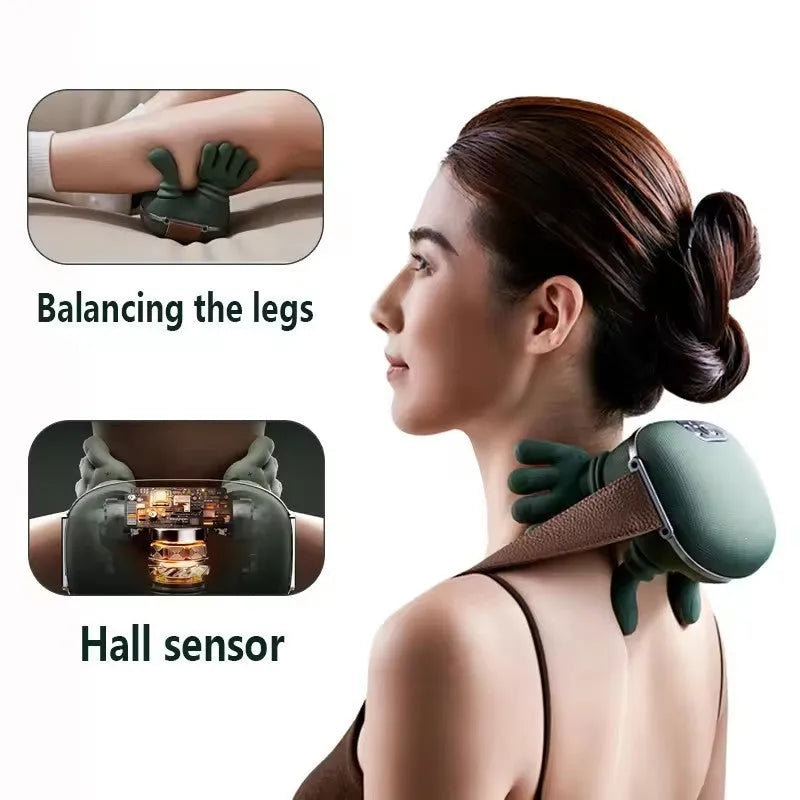 Moss green electric neck and shoulder massager with 4D kneading and heat, cordless design, 211x184x158mm
