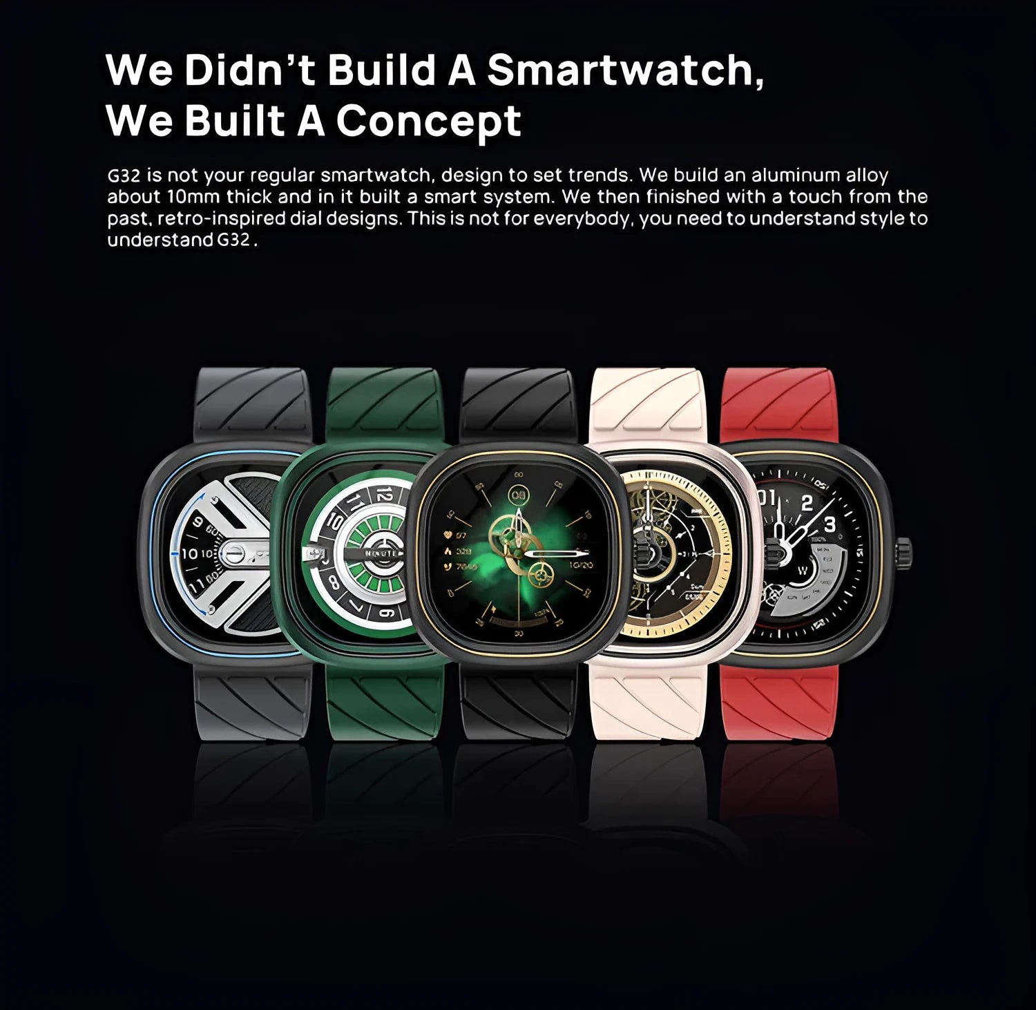 Bluetooth smartwatch with 1.32-inch touchscreen on silicone wristband in black, pink, or green.