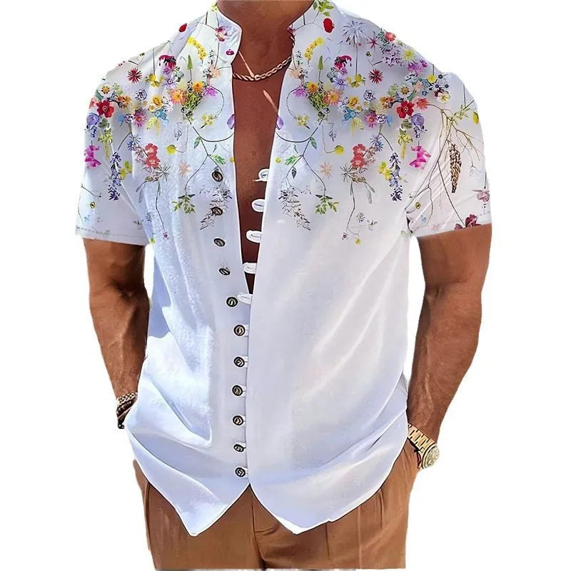 Geometric 3D printed short sleeve casual floral shirt in polyester blend, regular fit cardigan style, front view