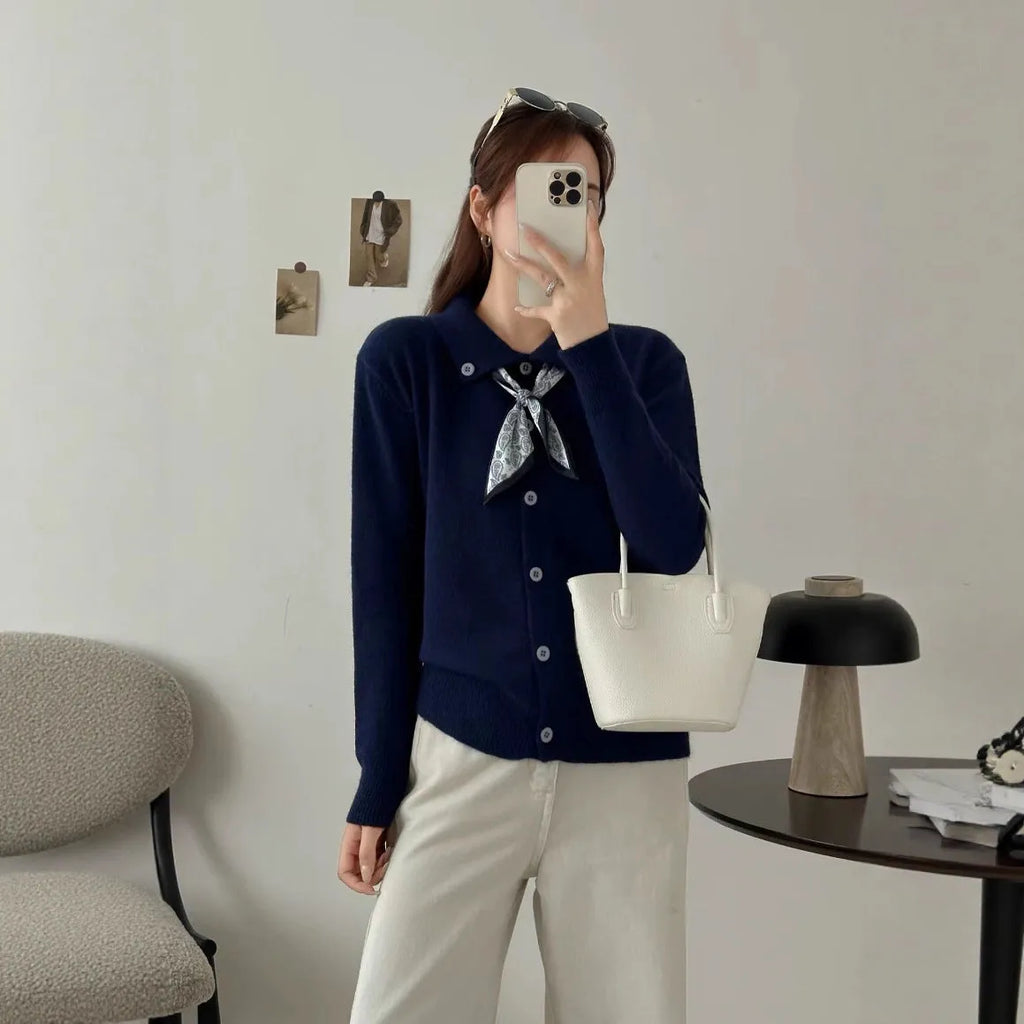 Beige acrylic knit cardigan with lapel scarf collar design, long sleeves and cardigan styling