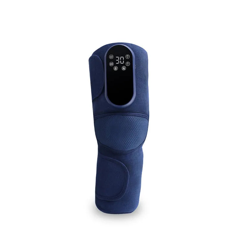 Blue self-heating knee massager with adjustable straps for vibration, heat and air pressure therapy