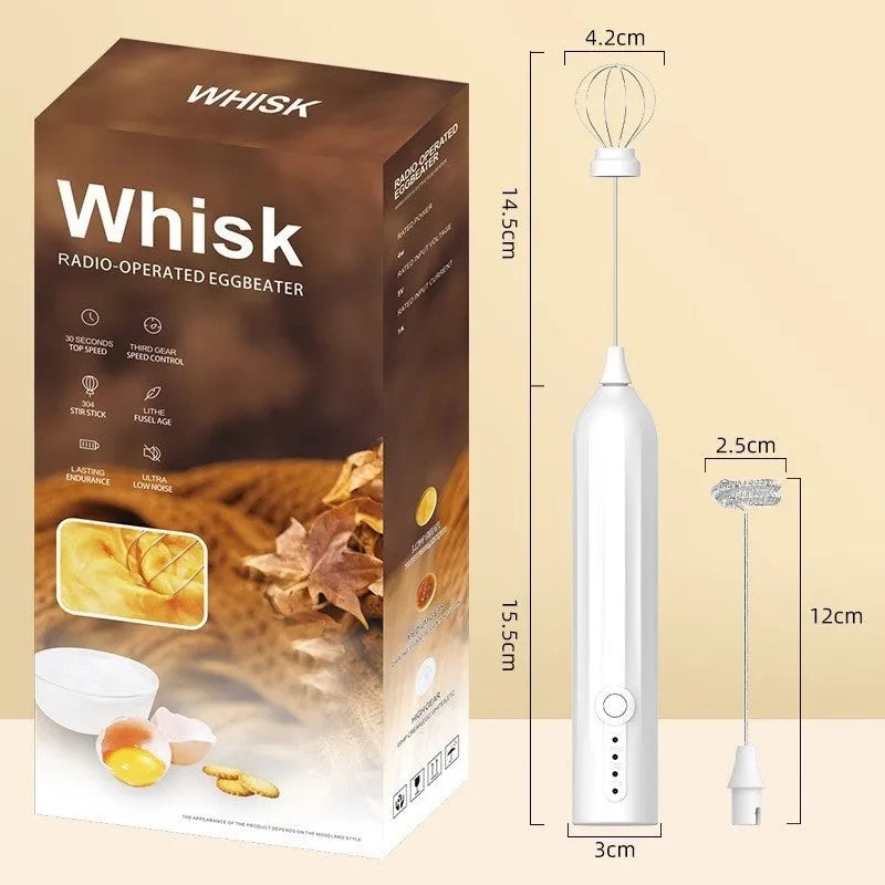 Mini handheld electric milk frother in black, white and khaki colours with USB charging cable