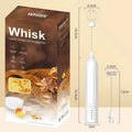 Mini handheld electric milk frother in black, white and khaki colours with USB charging cable