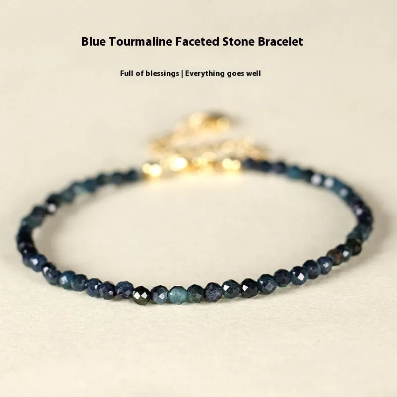 Blue tourmaline spacer bead bracelet with 3mm cut gemstones for women