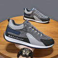 Men's grey mesh running shoes with lace-up design and round toe