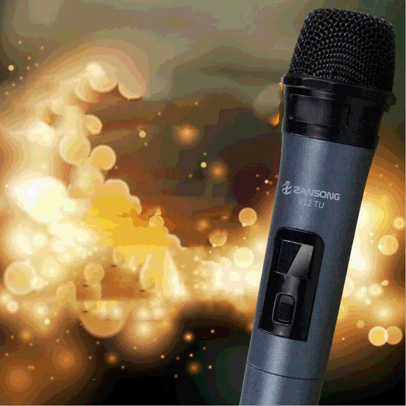Black dynamic handheld microphone with USB receiver and audio cable for stage and home use
