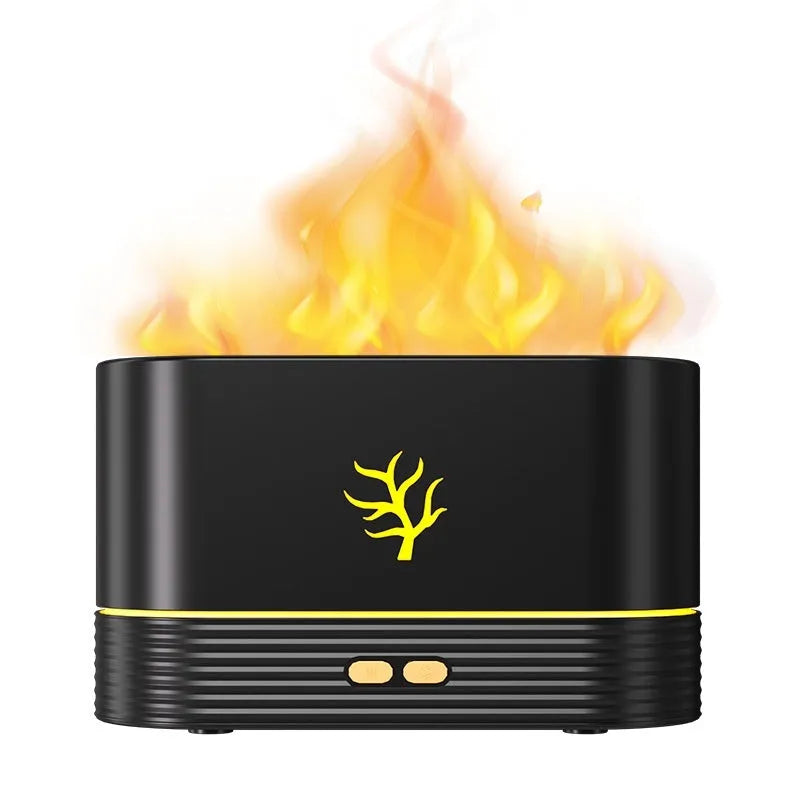 USB flame humidifier with realistic LED fire effect and timing in white colour on a desk