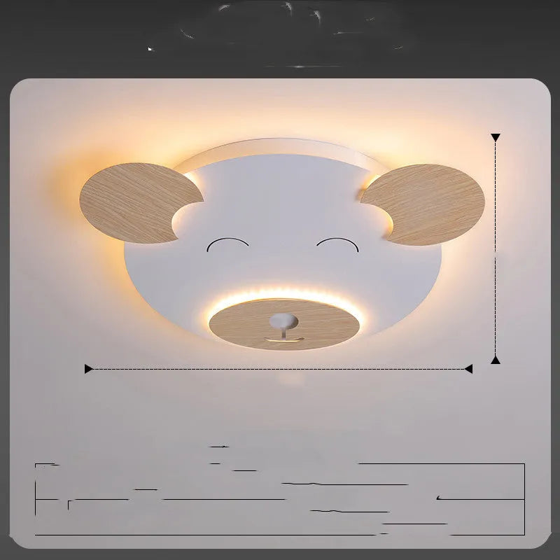 Creative cartoon bear ceiling lamp with PMMA lampshade, wrought iron mount, and wood grain finish, large size 54x46x4cm