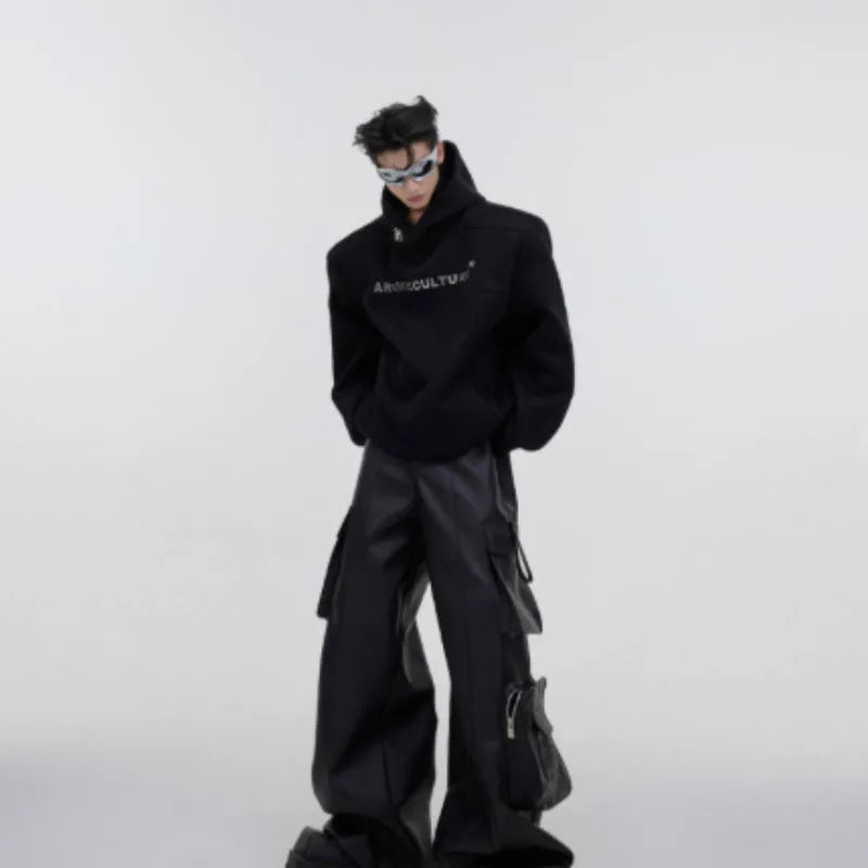 Men's black hooded sweater with metal 3D graphic print, loose fit, and heavy shoulder pads.