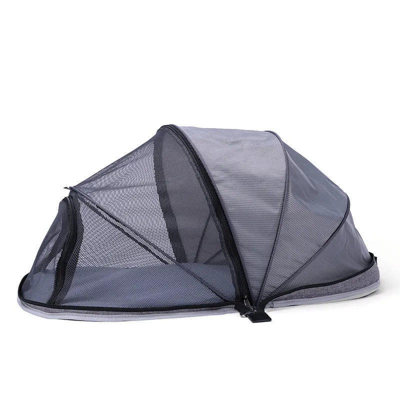 Folding cat tent with half mesh canopy in black or blue options