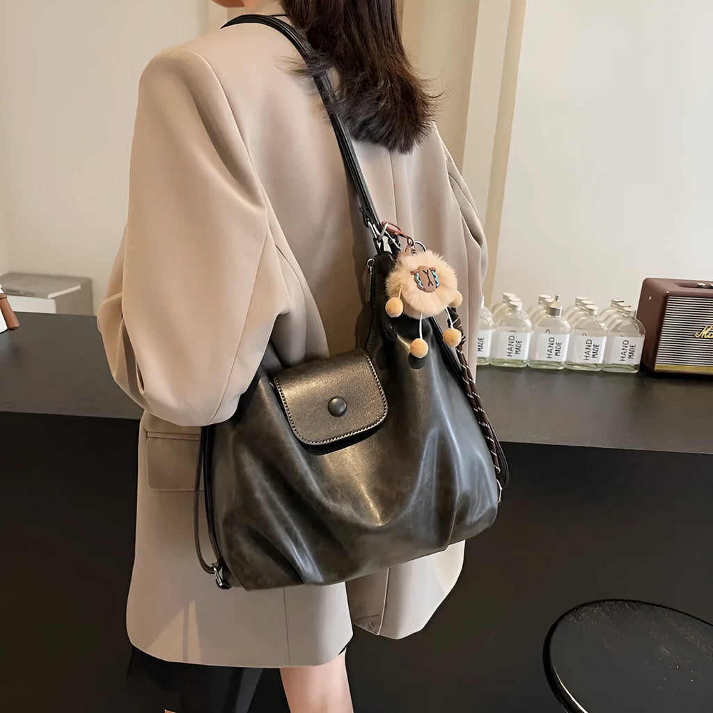 Women's PU leather single shoulder bag in horizontal square shape with optional pendant