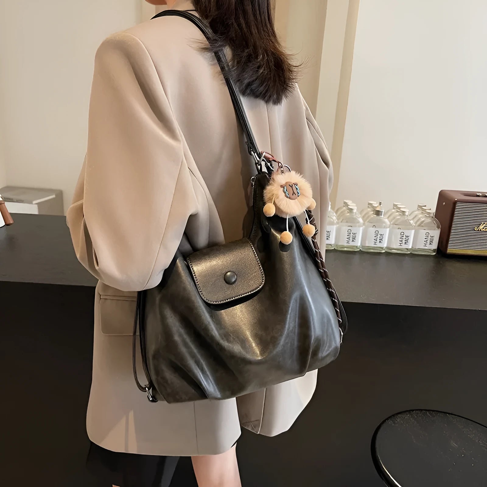 Women's PU leather single shoulder bag in horizontal square shape with optional pendant