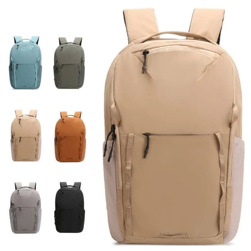 Waterproof Taslan composite cloth backpack in solid colour with spliced design, available in beige, for business commute and leisure travel under 20 litres