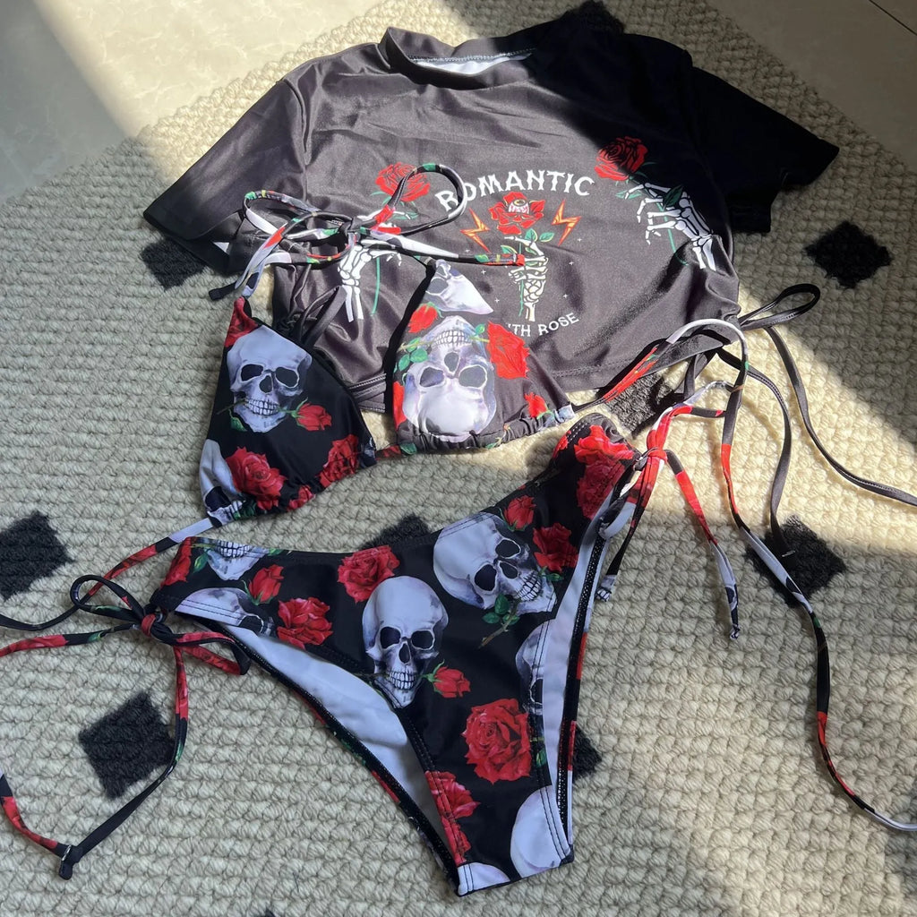 Women wearing a skull rose printed three-piece bikini set in red, polyester fabric, with shorts and top