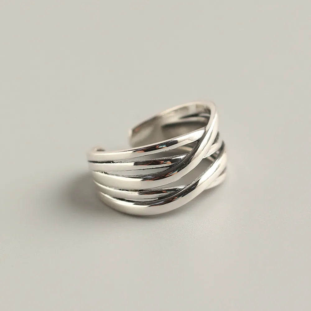 S925 sterling silver vintage weave ring for women, retro silver finish, handcrafted weave band