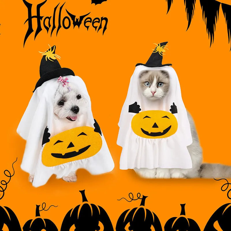 White viscose fibre dog clothes suit with pumpkin ghost design for Halloween, available in sizes S M L