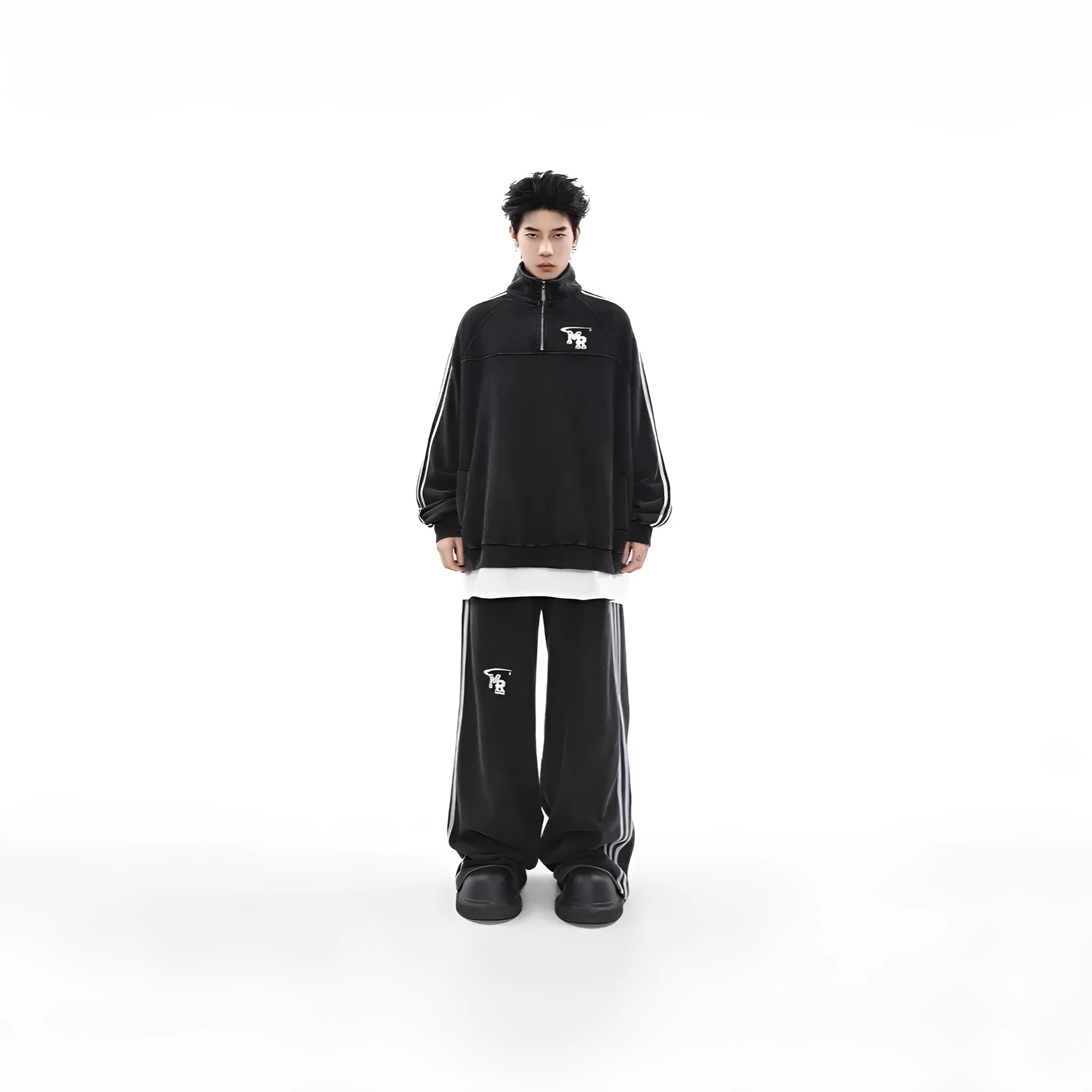Black Hong Kong style stand collar hoodie with long sleeves for casual sports wear