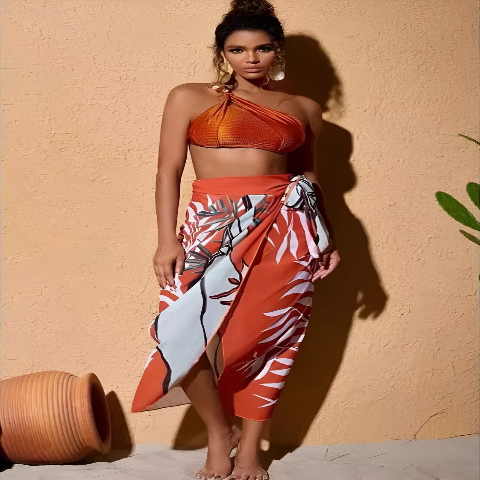 Women's push up bikini high waist split swimsuit with chiffon dress overlay in black brown and green nylon polyester fabric