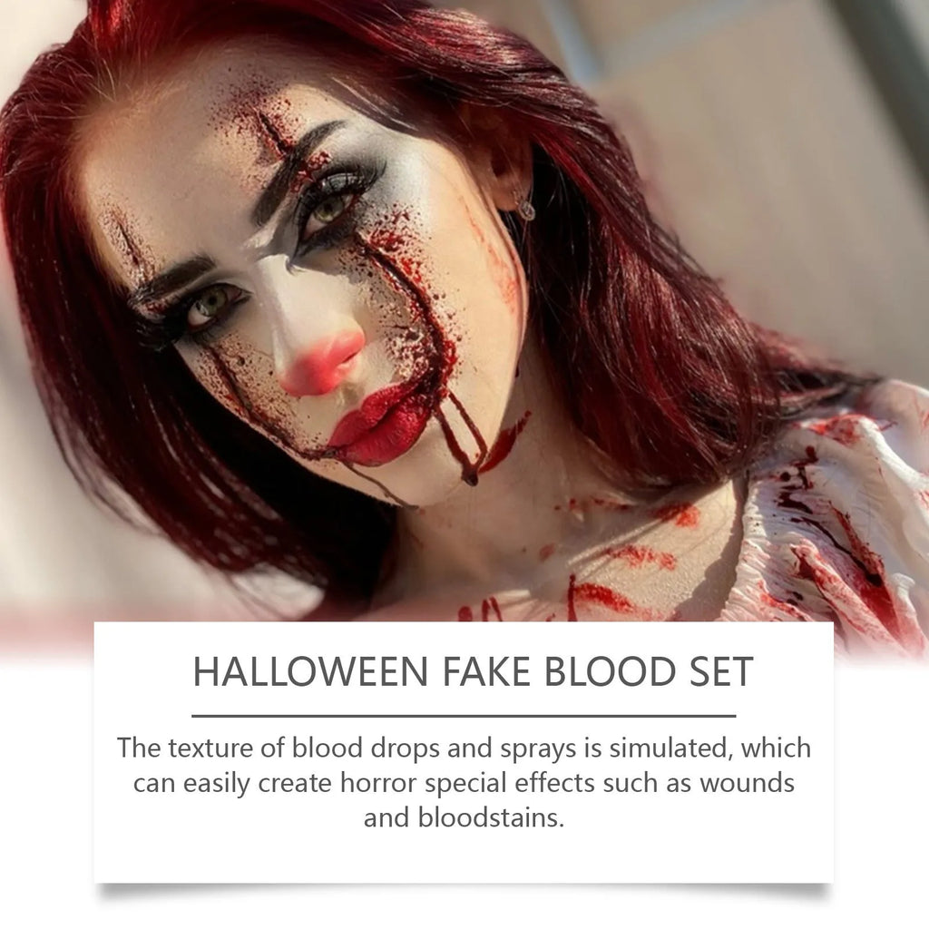 3-piece washable fake blood special effects makeup set with plasma drops, spray, and surface soap
