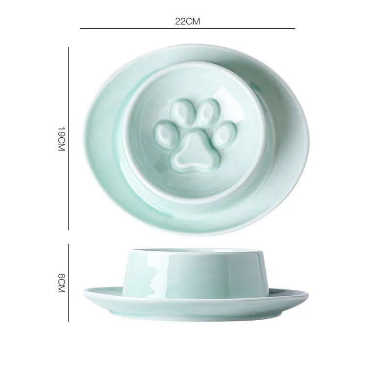 Ceramic anti-choking slow food pet bowl in green with raised centre design