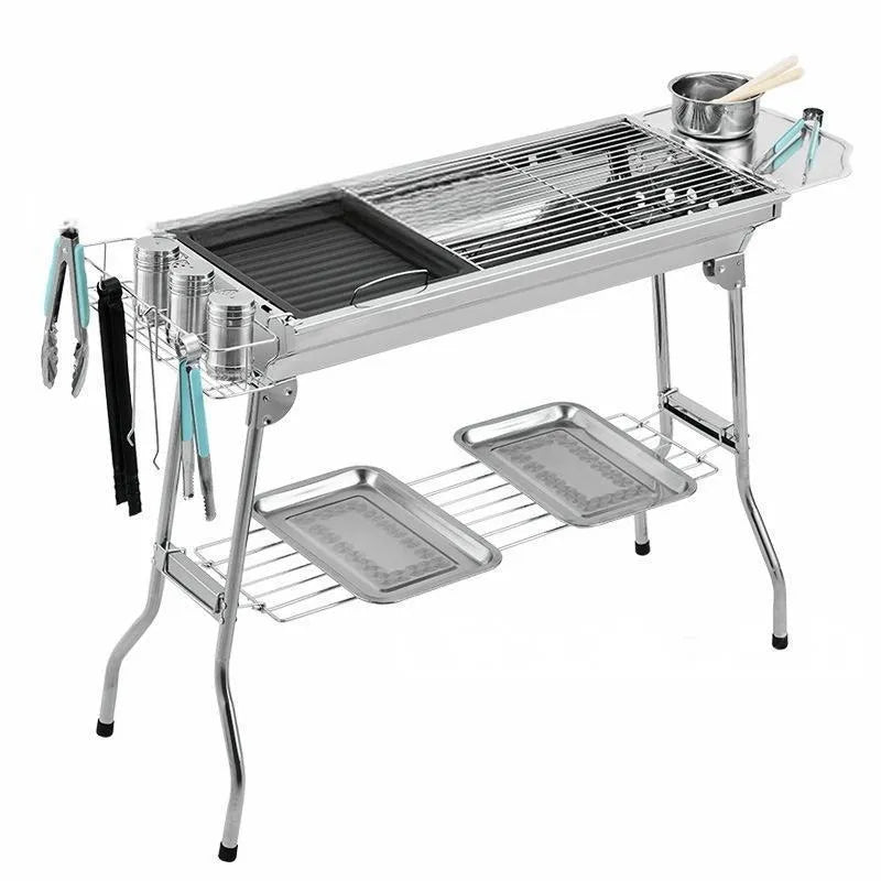 Large stainless steel portable barbecue oven with charcoal stove and cooking grates