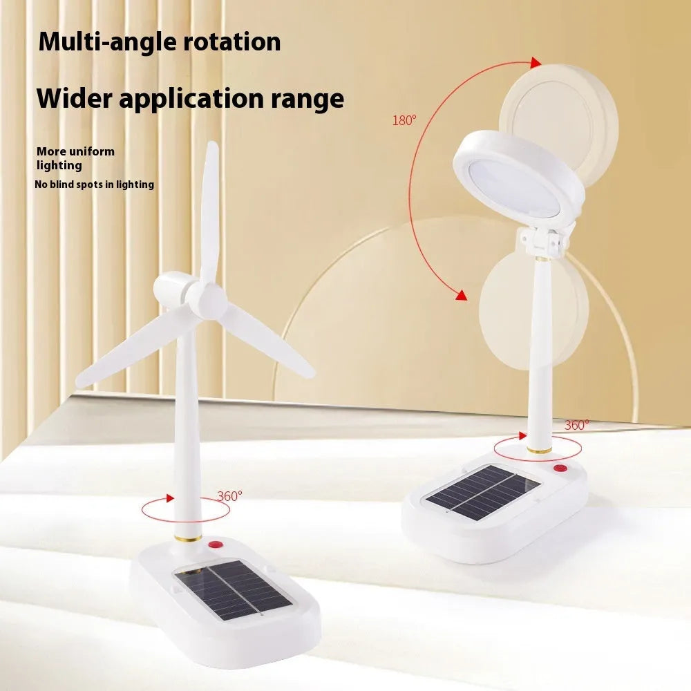 Ivory white solar-powered table fan and LED desk lamp with USB-C charging port