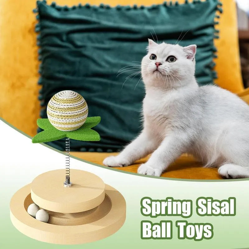 Green cat toy with sisal scratching pad, ball track, and spring ball for indoor kittens