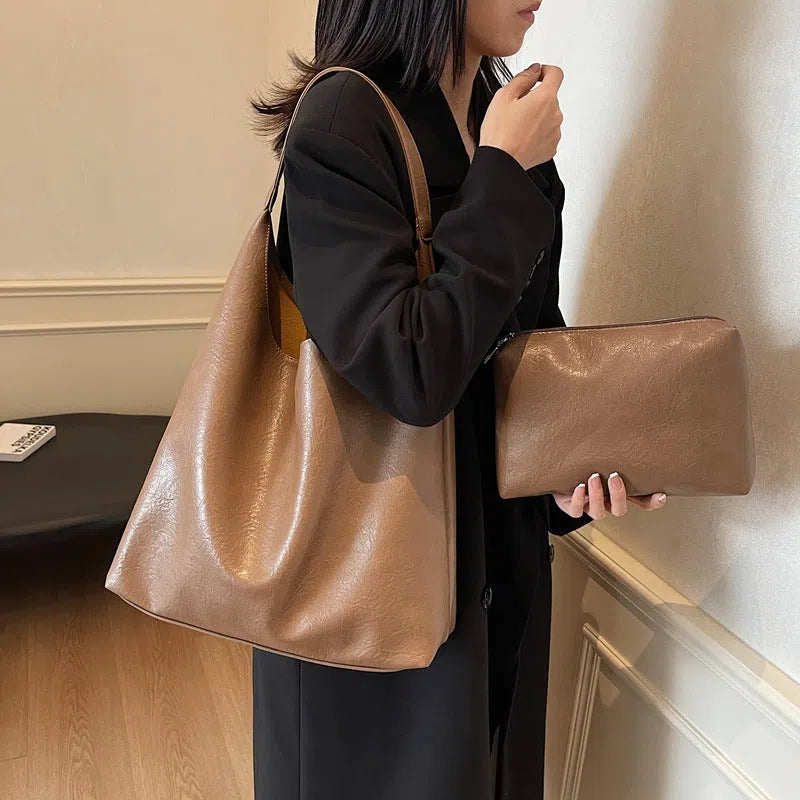 Women's soft PU single shoulder bucket bag in Coffee, Black, Brown, or Mud colour with phone pocket