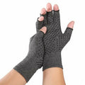 Grey half finger joint compression gloves with anti-slip surface and therapeutic support