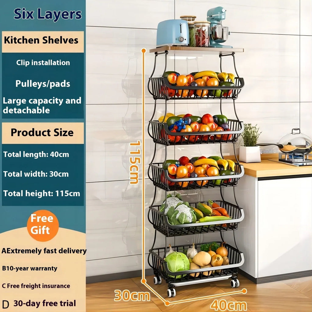 Black six-tier foldable kitchen floor trolley with carbon steel frame and modern design