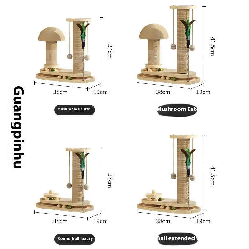 Solid wood cat scratching post with turntable platform in oval mushroom design