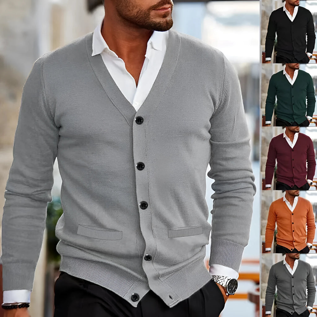 Men's slim fit acrylic cardigan in light grey, shown on a hanger.