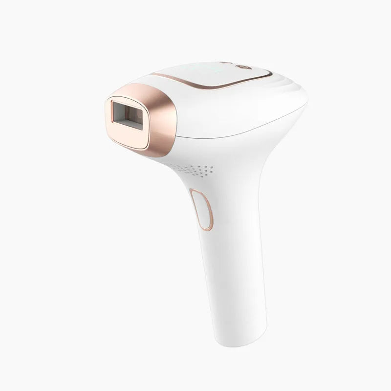 Pink and white cordless laser hair removal device with ice-sensing technology and a shaver attachment on a white background.
