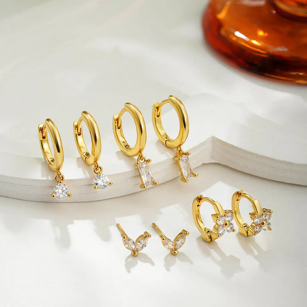 Women's geometric square earrings with zircon detailing in gold or silver electroplated copper