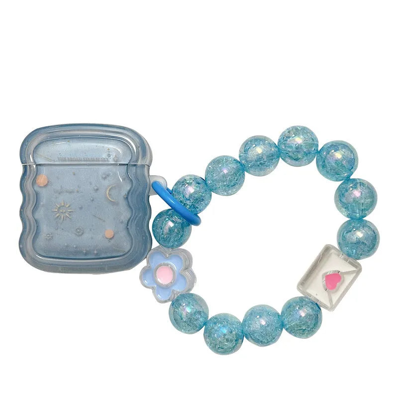 Clear blue starry sky TPU earphone case with wavy edge and bracelet chain for AirPods Pro
