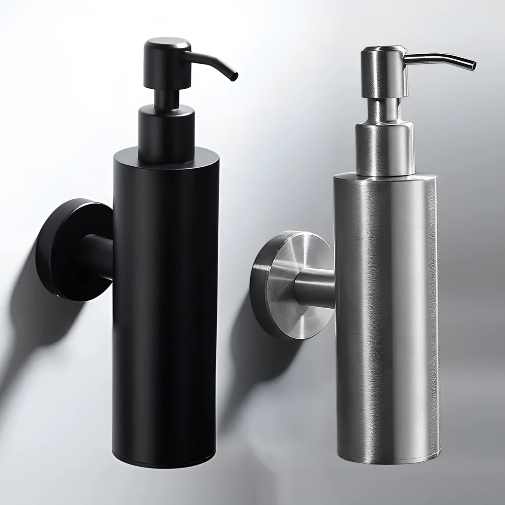 Wall-mounted 304 stainless steel pendant lotion bottle in brushed finish on a bathroom wall