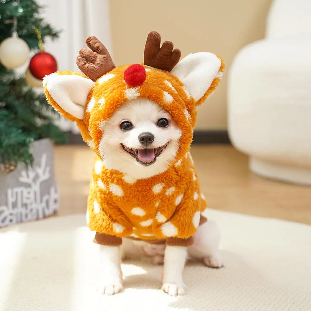 Fleece-lined pet coat with elk pattern on a dog, available in six sizes from XS to XXL
