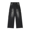 Loose fit multi-pocket distressed denim jeans in light blue wash straight-leg street style