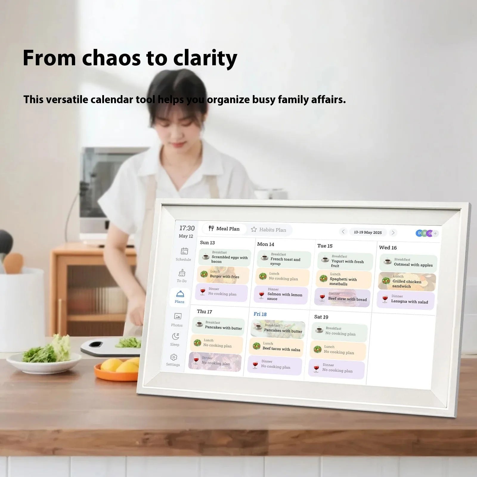 White 15.6-inch smart digital photo frame with wall mount bracket and mobile app connectivity