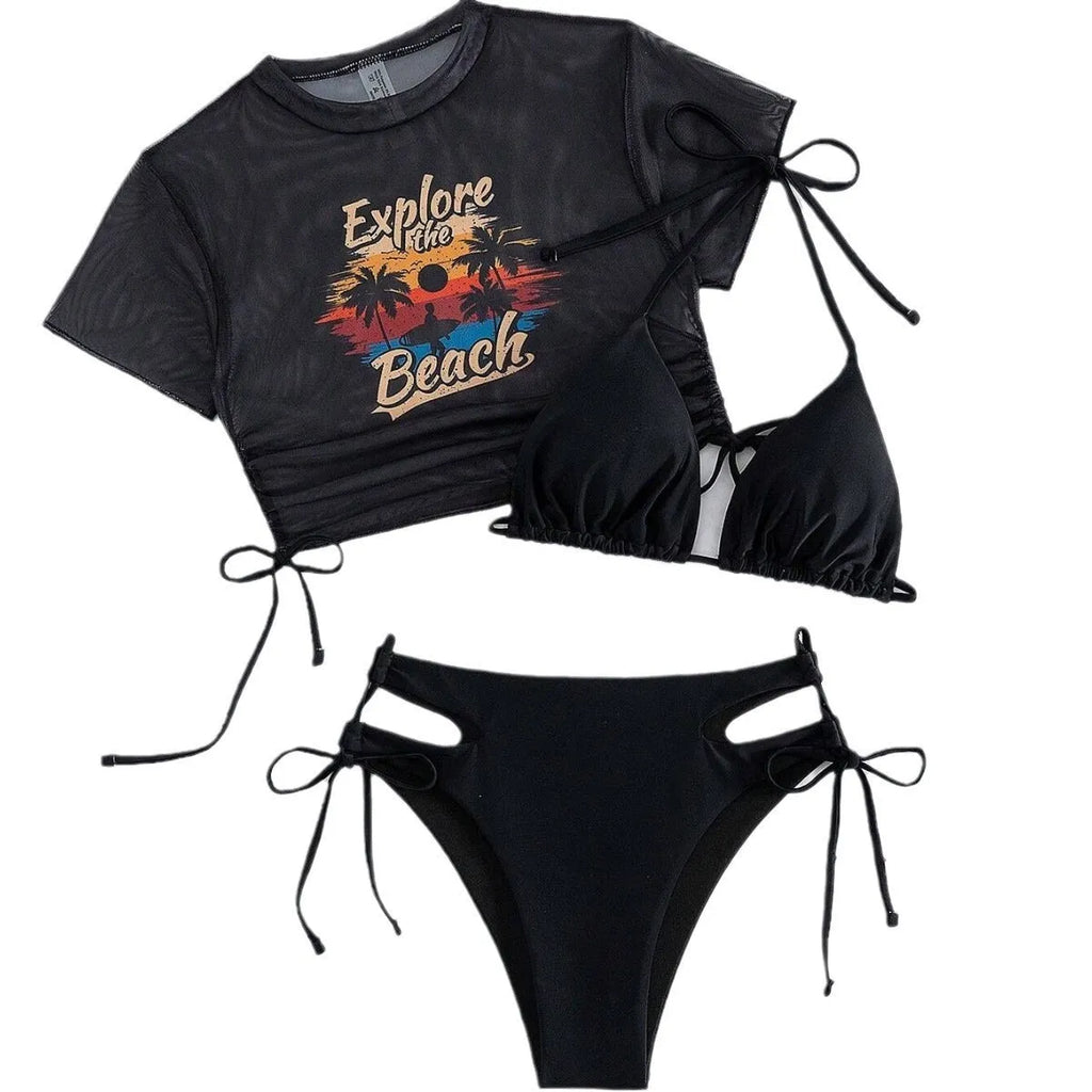Three-piece women's nylon spandex swimsuit set in black, white, pink, orange red, sizes S to XL