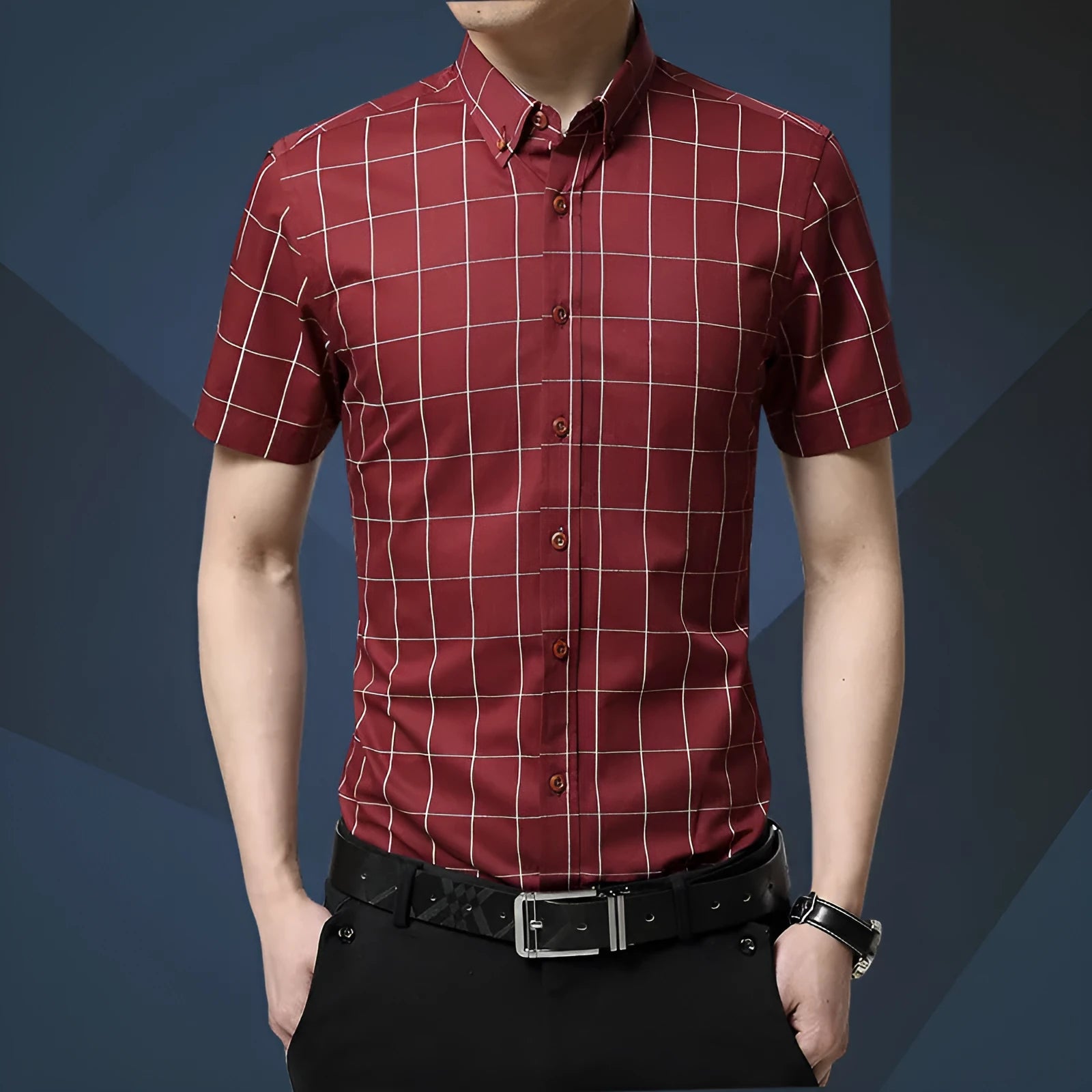 Men's red plaid short sleeve slim fit shirt with cotton blend fabric on a hanger