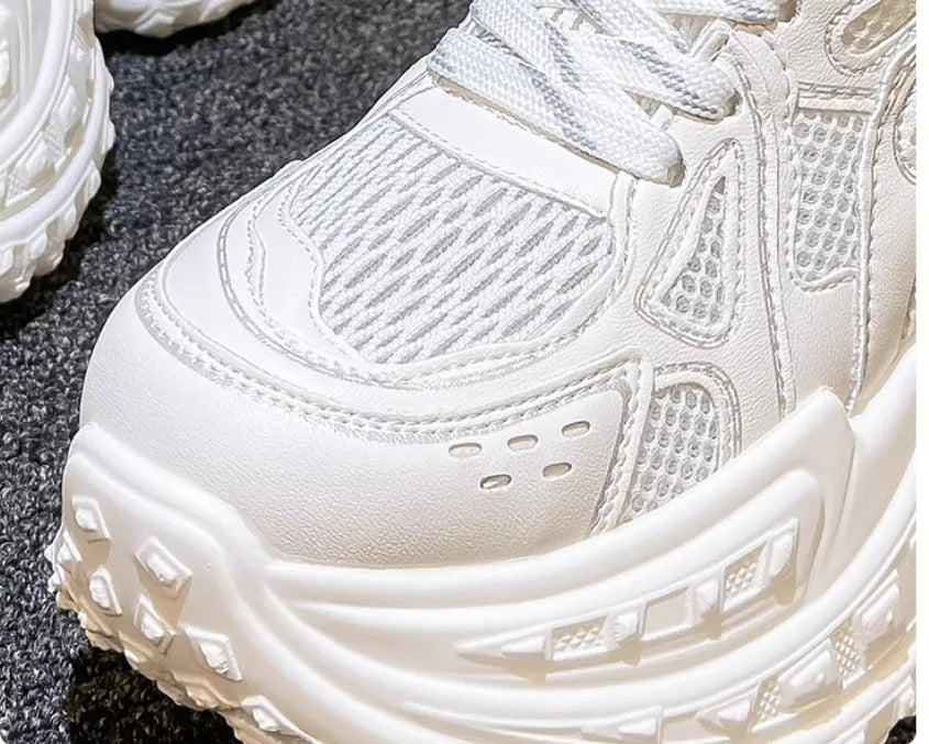 White women's height increasing lace-up dad shoes with 8cm heel and round toe