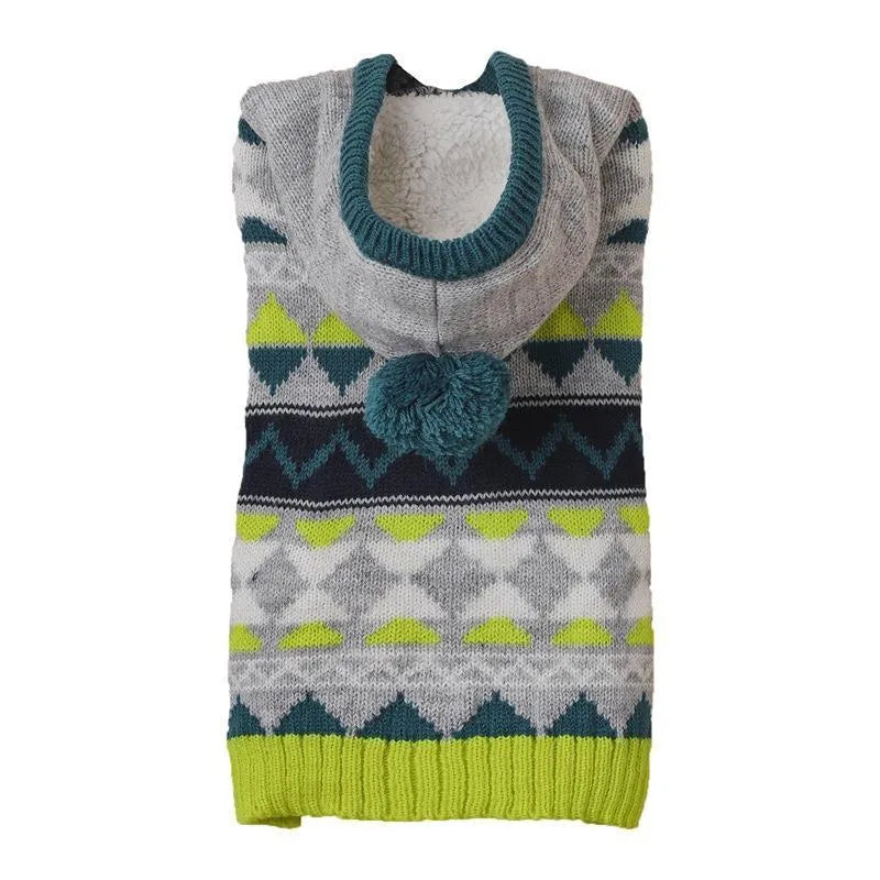Blue diamond pattern dog sweater on pet model showing knit texture and fit