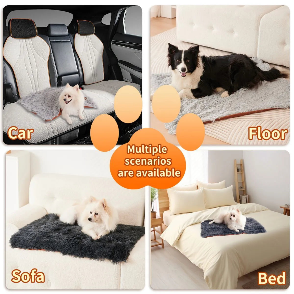 Light grey pet blanket made of velvet and long plush, with fluffy texture, on a sofa