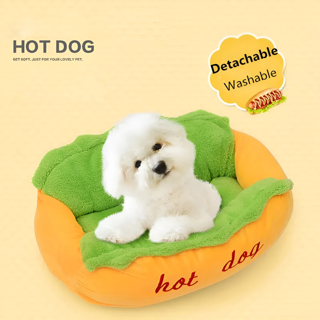 Hot dog bed pet winter sofa cushion with removable flannelette cover and anti-slip bottom, available in multiple sizes