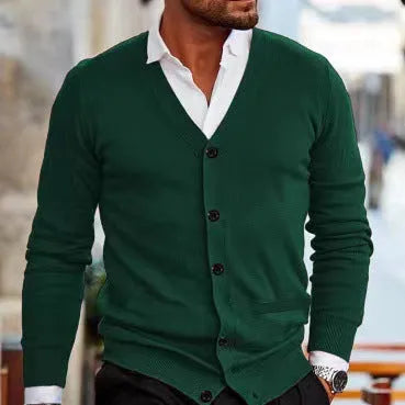 Men's slim fit acrylic cardigan in light grey, shown on a hanger.