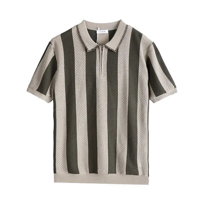 Men's black and white striped short sleeve sweater with zip detail on a hanger