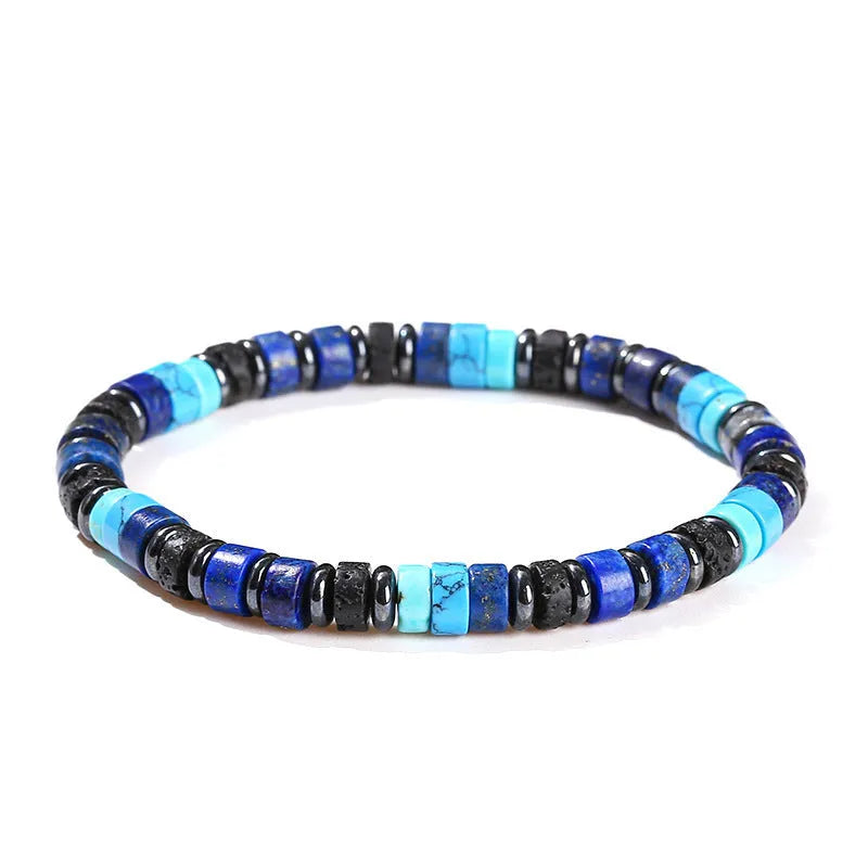 Natural haematite spacer bead bracelet with volcanic rock and aragonite interval beads, 6mm, simple unisex style