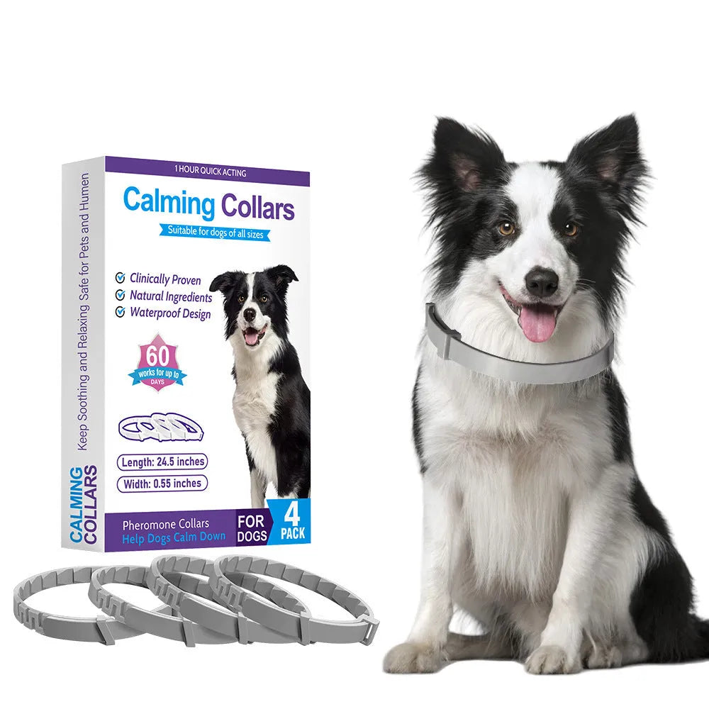 Four dog anxiety relief collars in different colours with TPR material and Chinese-style pattern